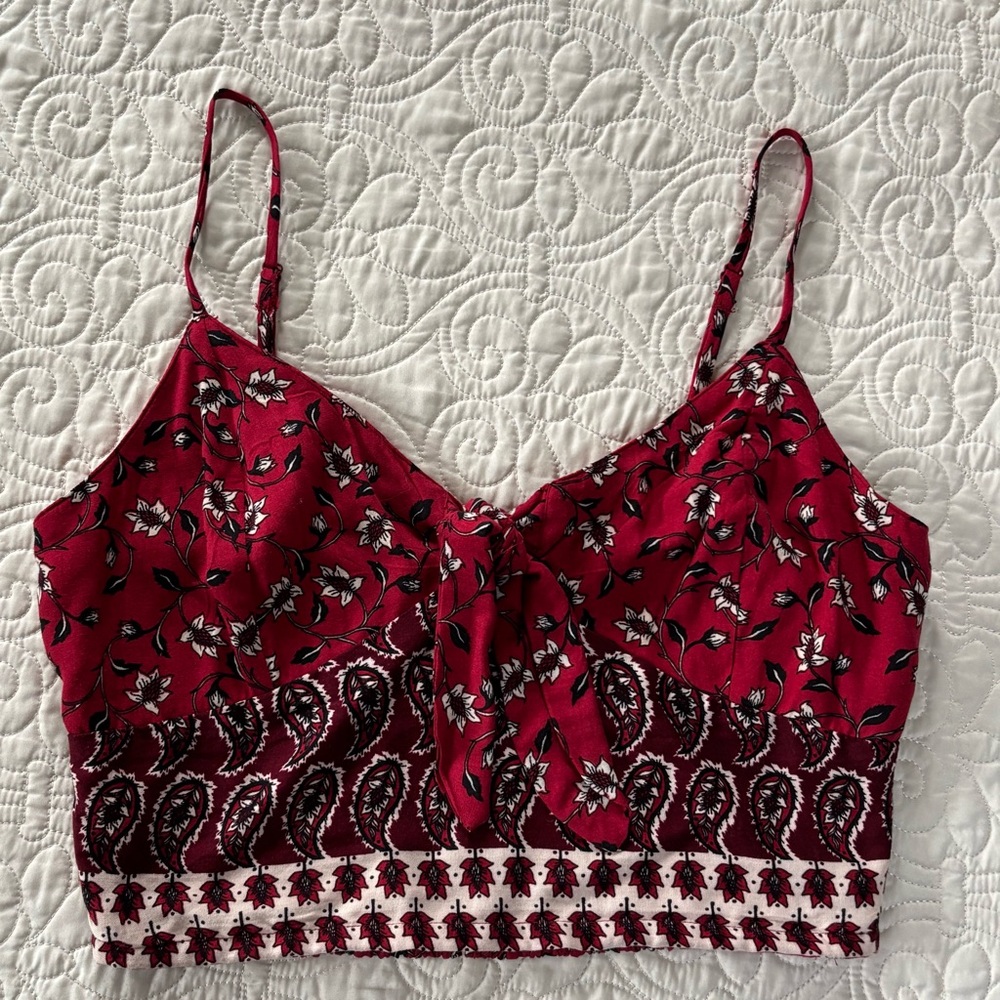 BOG Collective Women's Red Floral Tie-Front Cropped Camisole